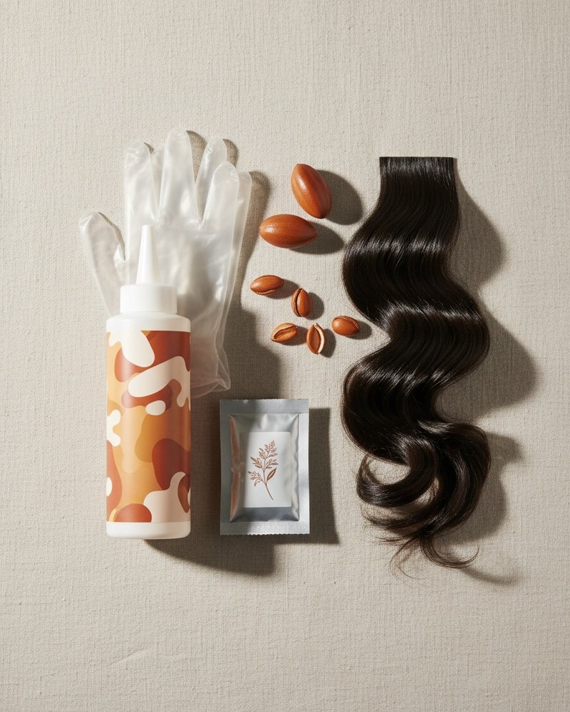 Kit de coloration permanente à l'huile d'argan disposé à plat