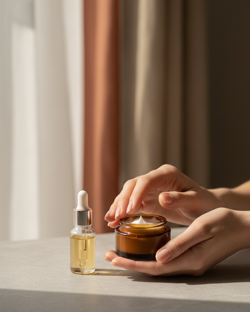 Pot de crème de jour anti-âge et sérum posés sur une surface claire