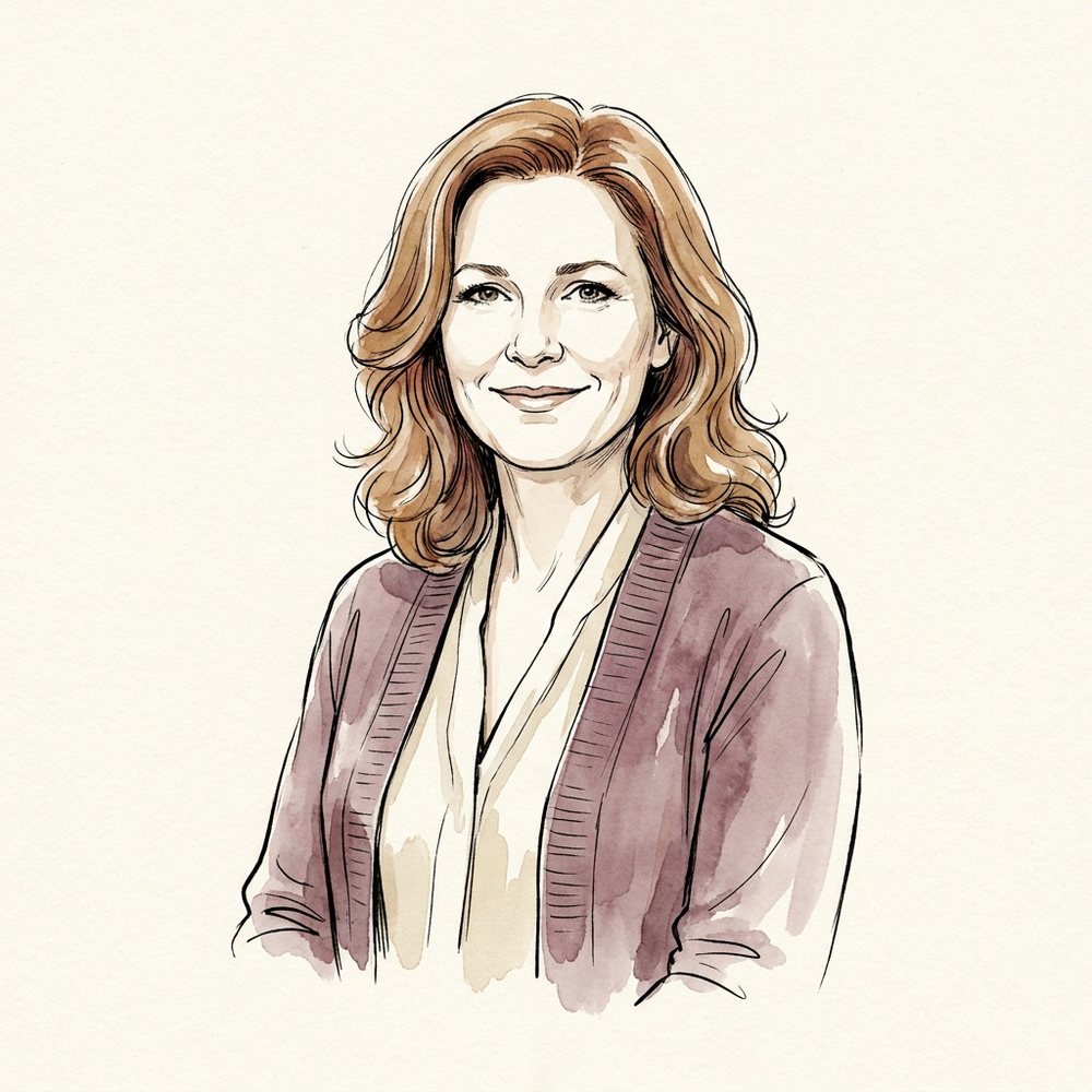 Portrait de Laetitia Fontanel, rédactrice en chef, dessiné à l'encre et à l'aquarelle